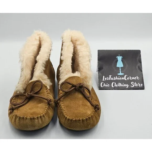 UGG Kid's Tan Suede Alena Shearling-Lined Moccasin Slippers Size 3 2513 - Picture 11 of 16